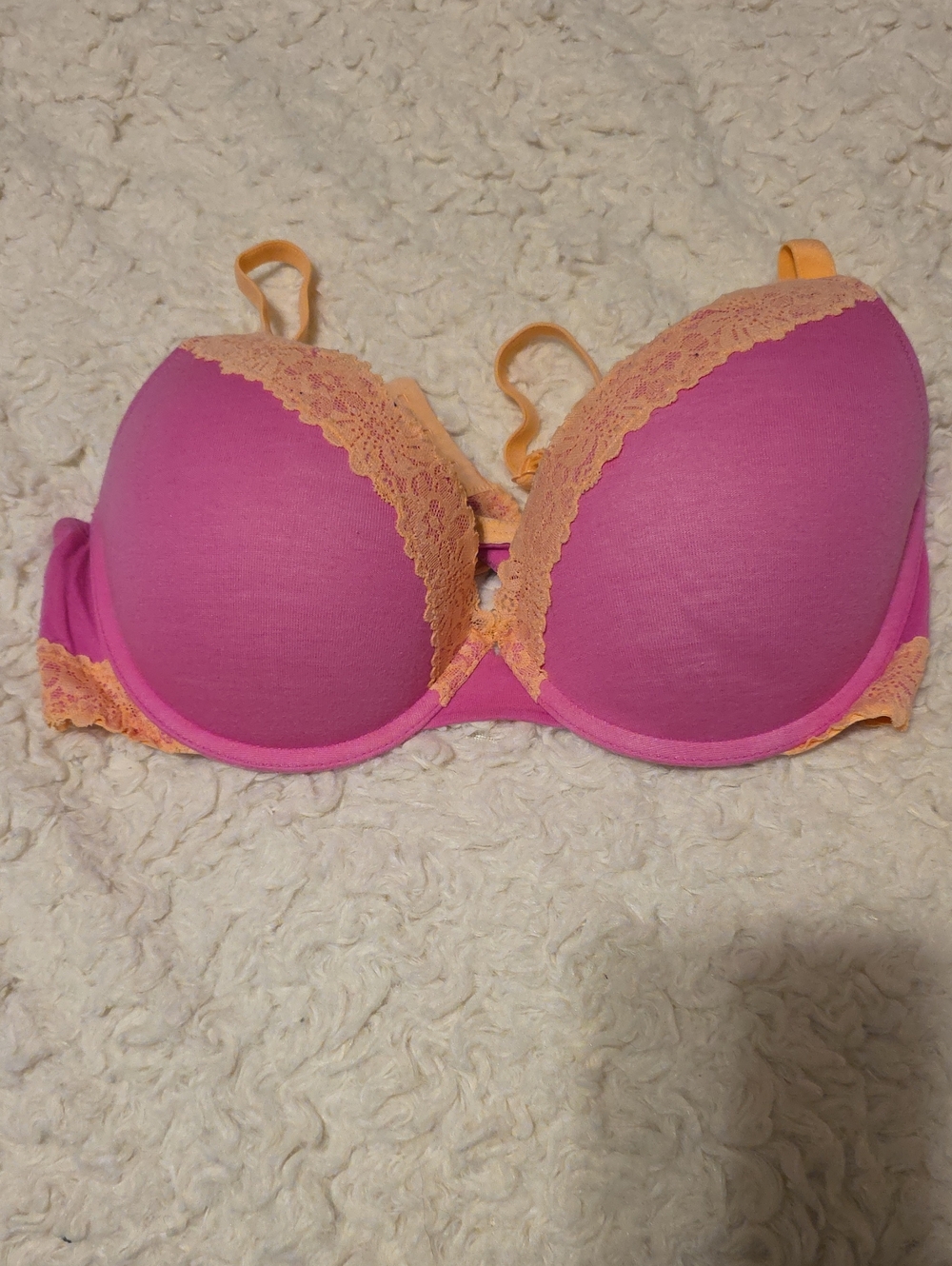 PINK Victoria's Secret Hot Pink Bra with Peach Lace Trim